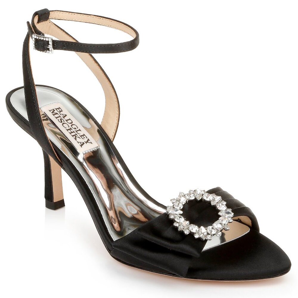 Badgley Mischka Size 8 Black Mid-Heel Ankle Strap Crystal Embellished Heels